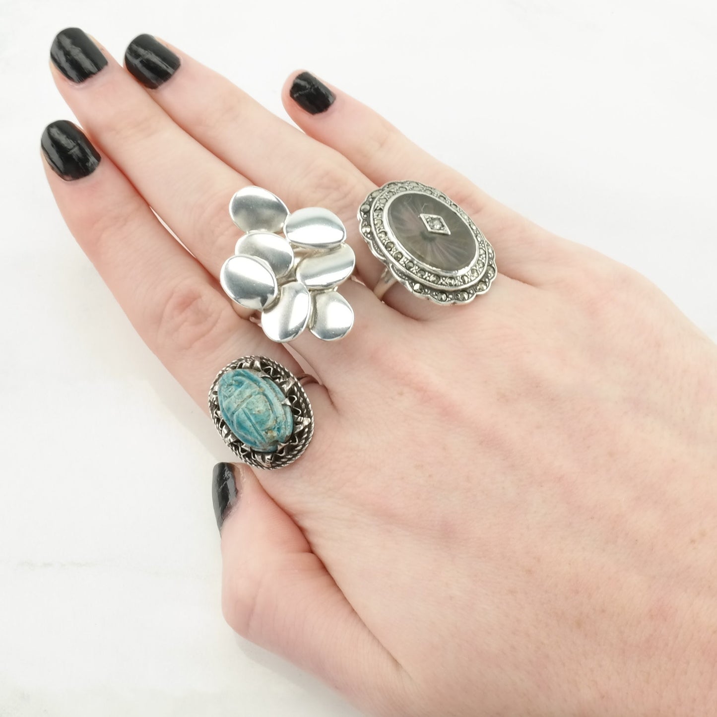 Vintage Art Deco Silver Ring Carved Stone Camphor Glass Sterling Size 5 3/4