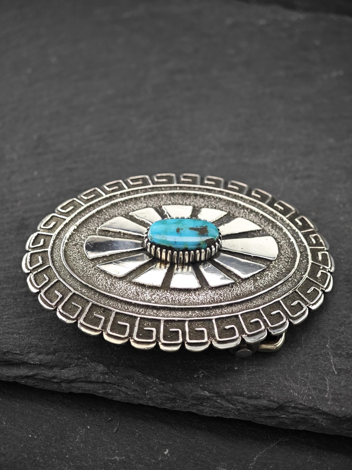 Signed Native American, Tufa Cast Belt Buckle Sterling Silver