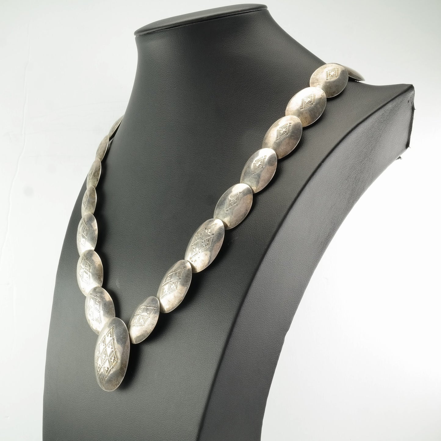 Vintage Native American Sterling Silver Flat Beads Stamped Necklace