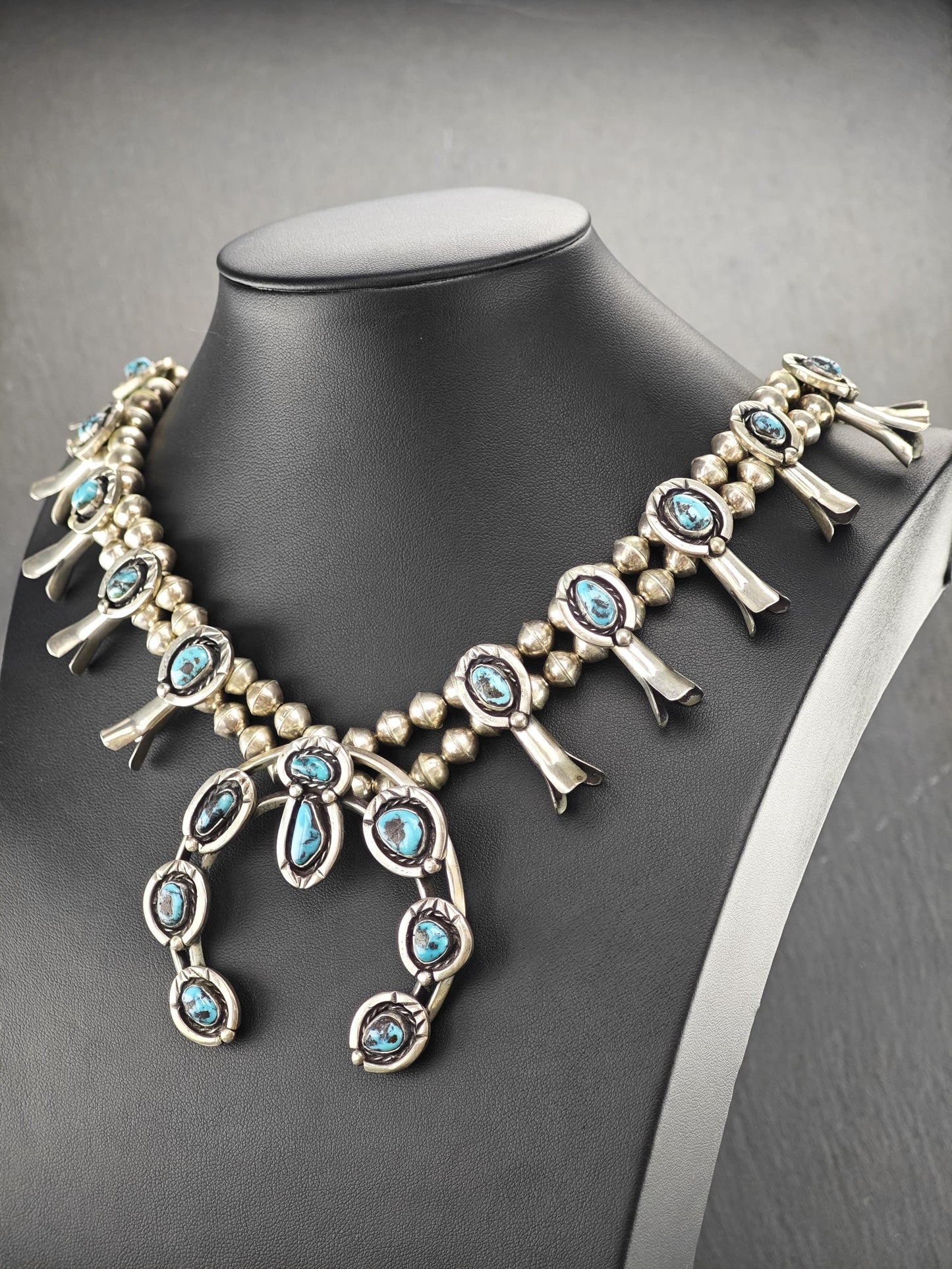 Native American Turquoise Squash Blossom Necklace Sterling Silver