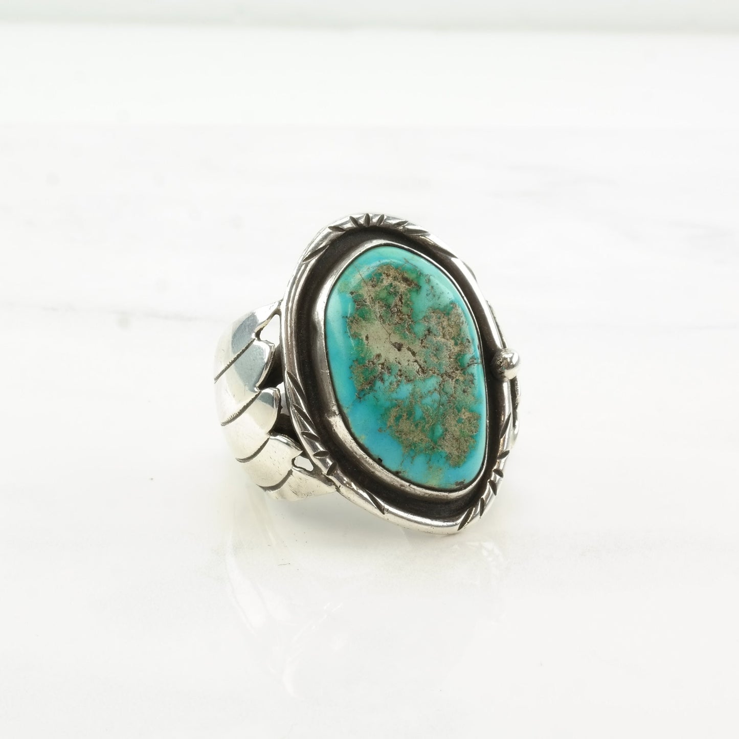 Vintage Southwest Sterling Silver & Turquoise Feather Shadowbox Ring, Size 12.5