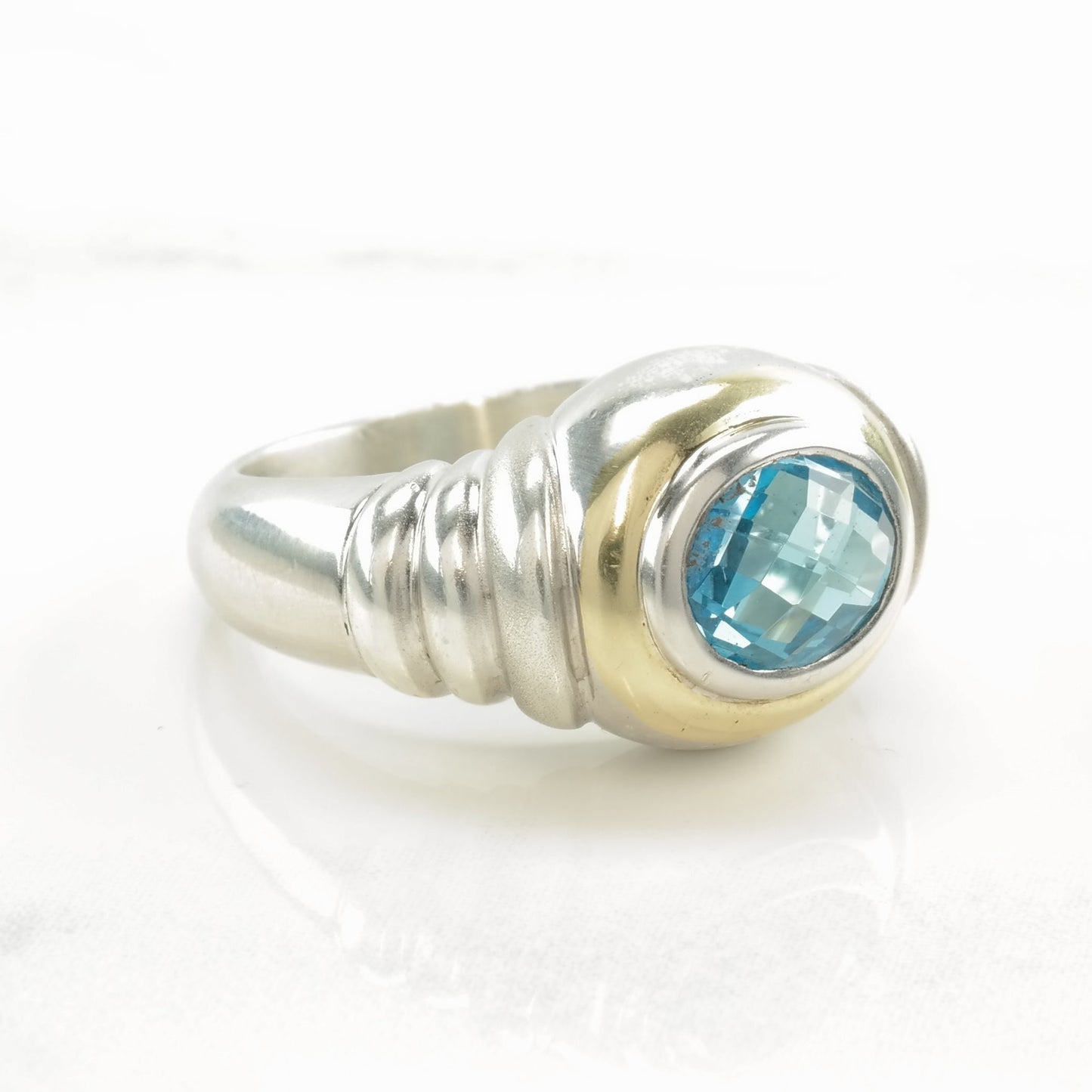 Vintage Sterling Silver Ring Topaz Checkerboard Cut 14K Gold Size 6 3/4