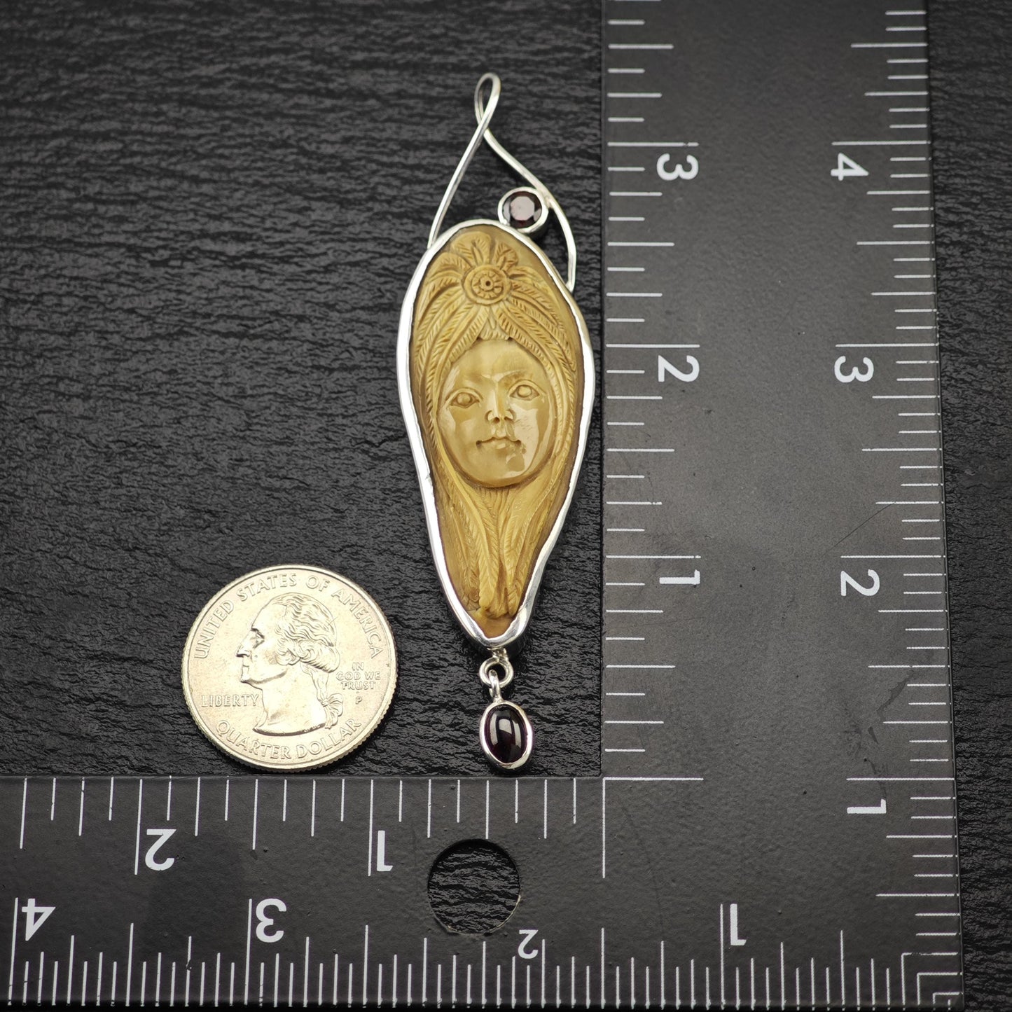 Carved Goddess Face, Garnet Pendant Sterling Silver P2816