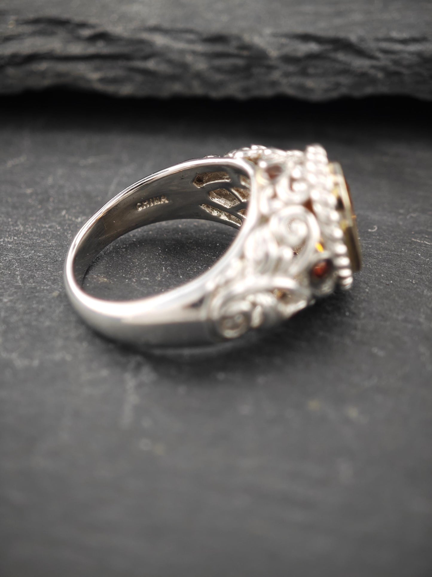 Citrine, Garnet, Gold Bezel Ring Sterling Silver