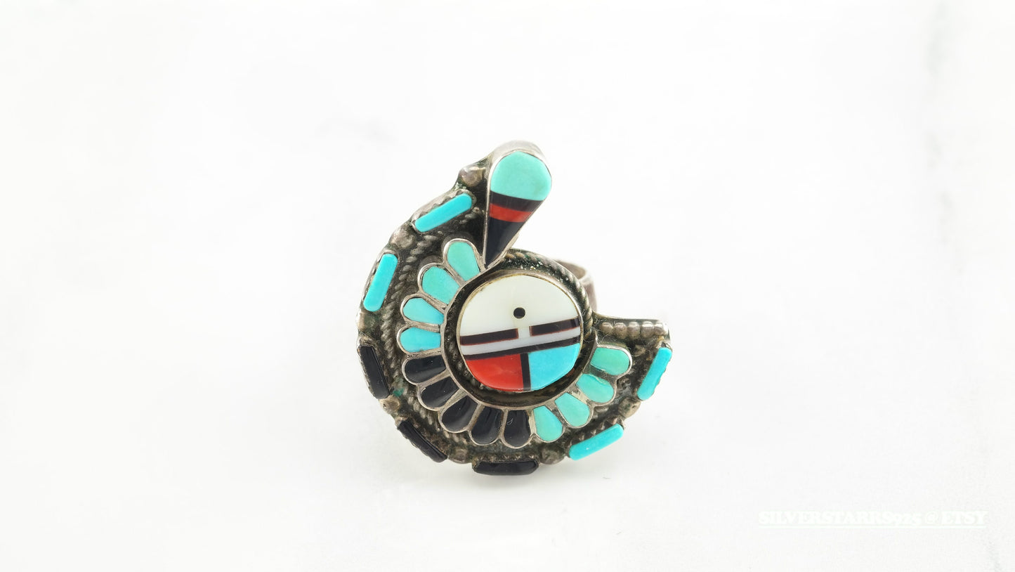 Vintage Zuni Sterling Silver Ring Size 8.25 Blue, White, Red, Black Turquoise Inlay