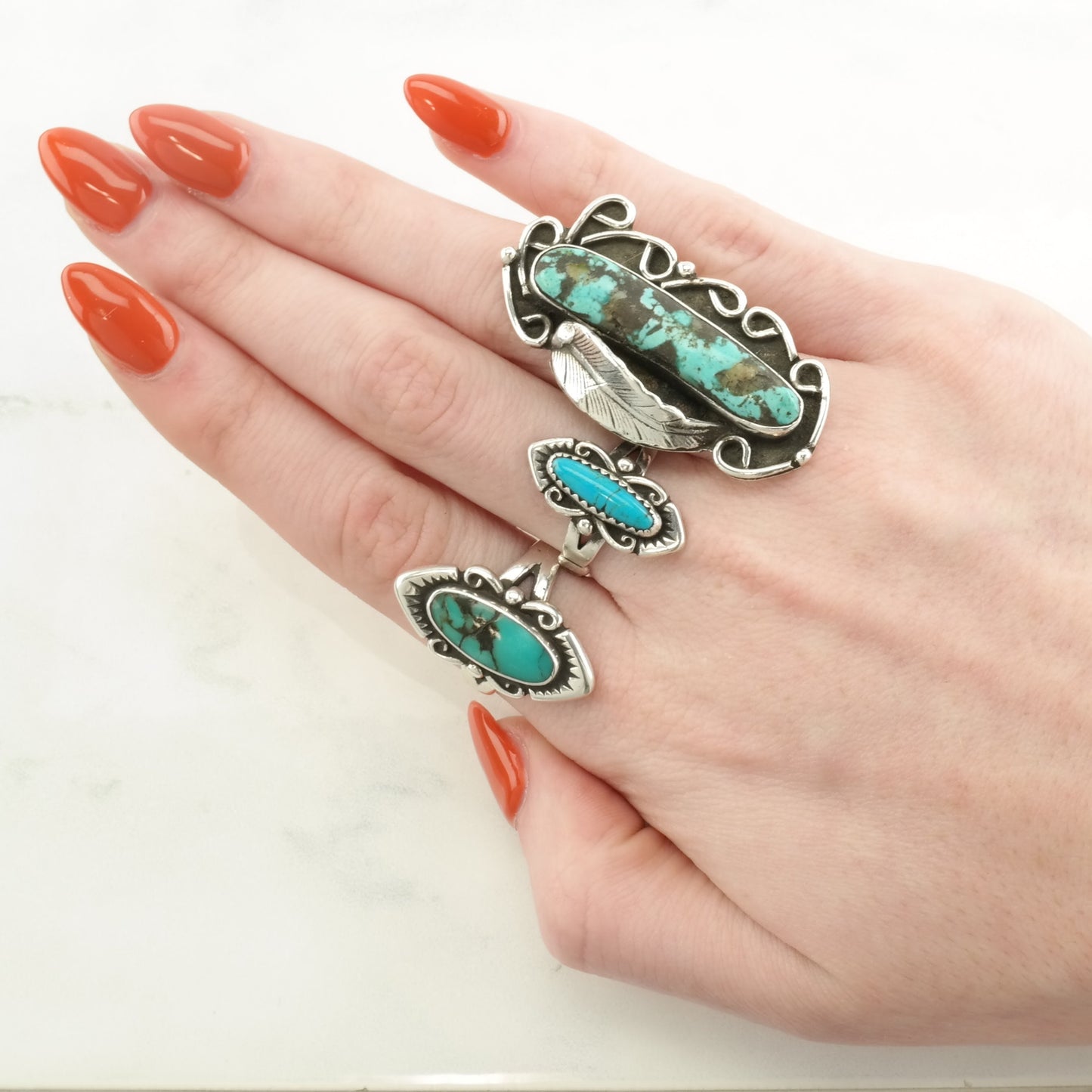 Vintage Native American Silver Ring Turquoise Leaf, Large Sterling Blue Size 6 3/4