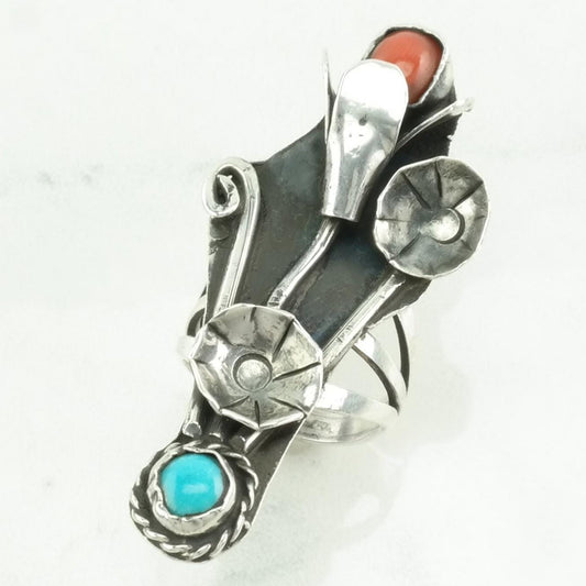 Vintage Southwest Silver Ring Turquoise, Coral Floral, Long, Navette Sterling Blue, Red Size 4