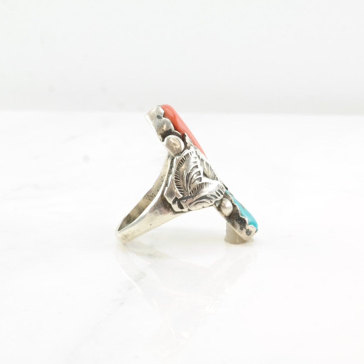 Zuni Sterling Silver Turquoise Coral Ring Native American