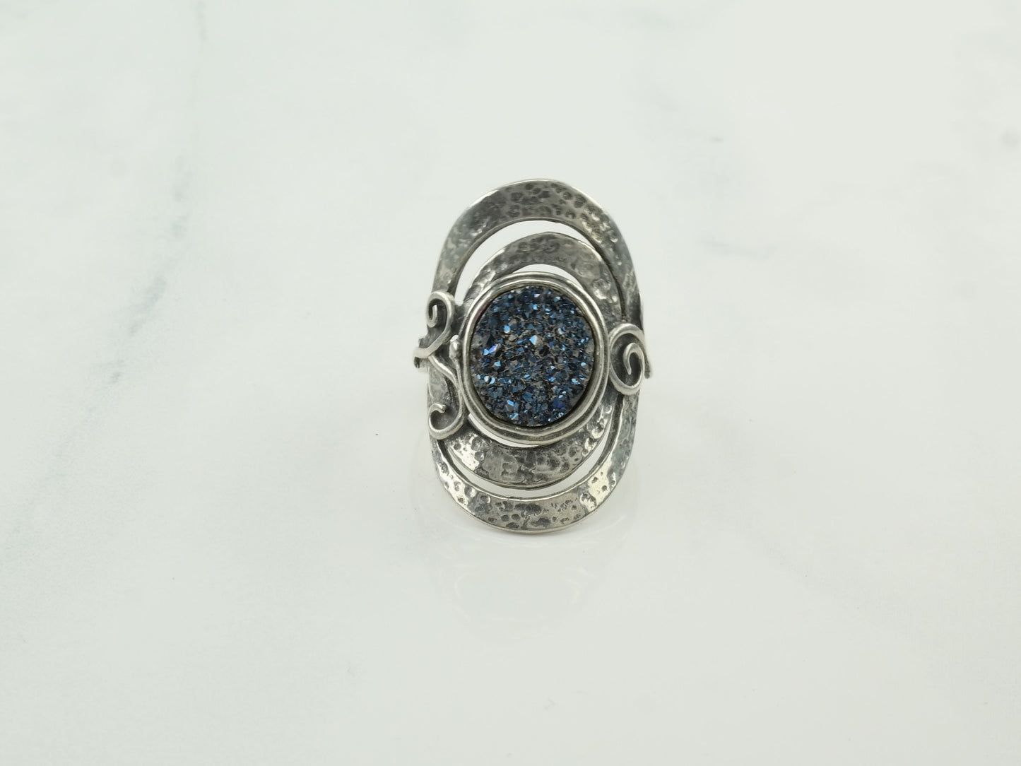 Vintage Modernist Silver Ring Druzy Shield Sterling Blue Size 8 1/4