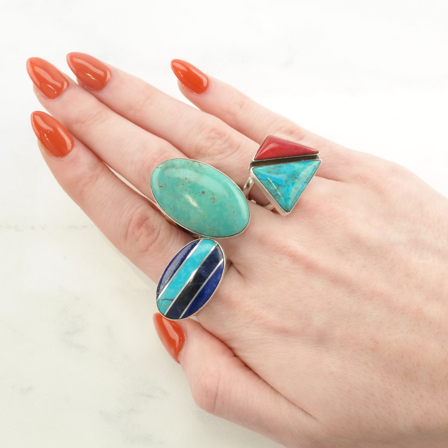 Vintage DTR Silver Ring Turquoise, Lapis Lazuli Inlay, Striped Sterling Blue Size 7 1/4