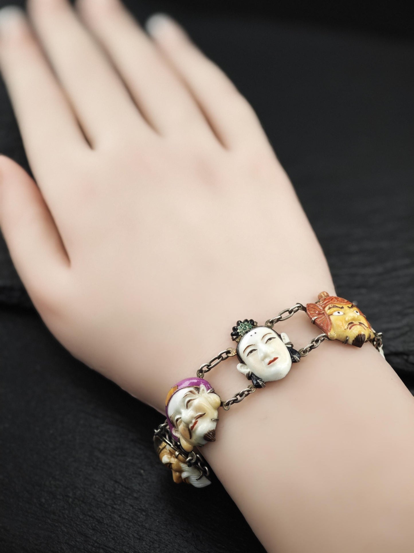 Pristine Japanese Toshikane, 7 Gods of Fortune Bracelet, Porcelain Sterling Silver