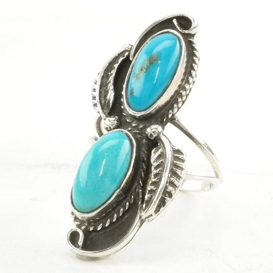 Vintage Native American Silver Ring Turquoise Floral Sterling Blue Size 5 3/4