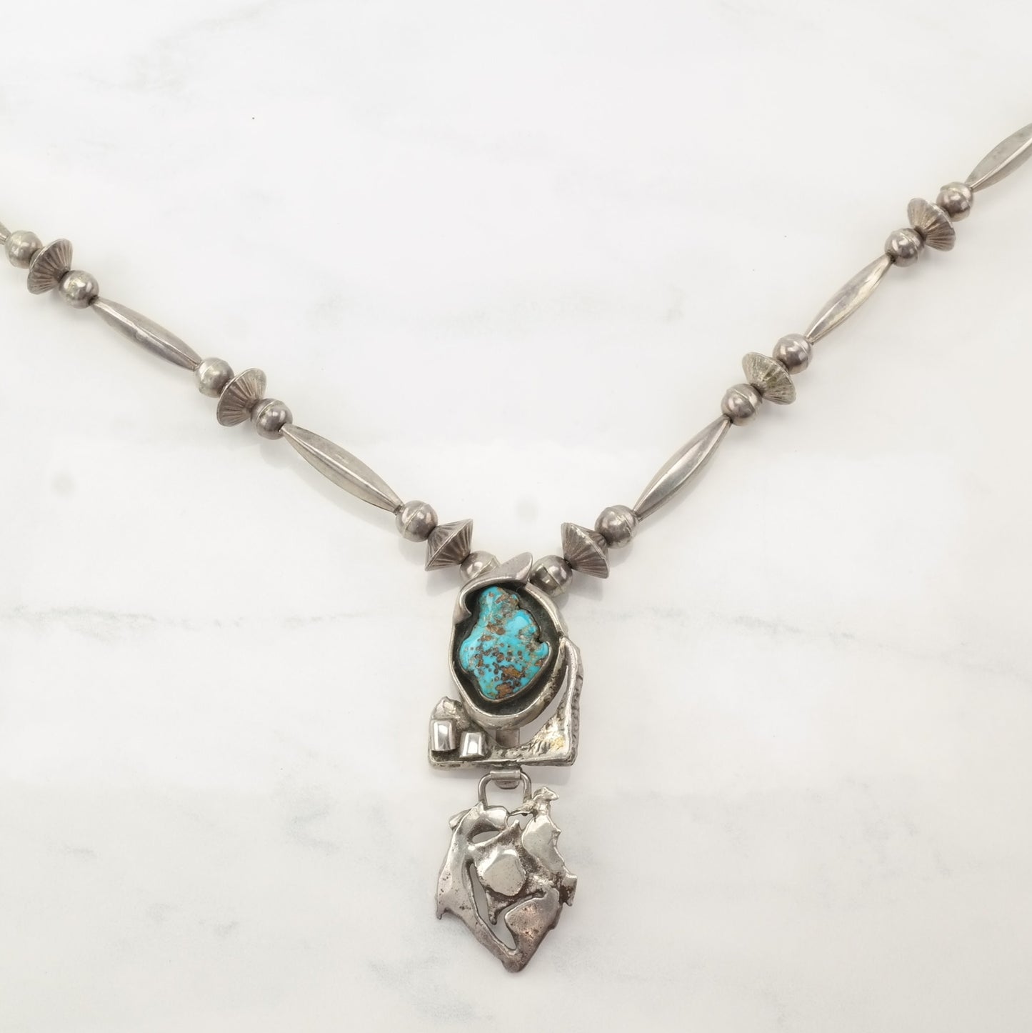 Vintage Native American Sterling Silver Blue Turquoise Brutalist Beaded Necklace