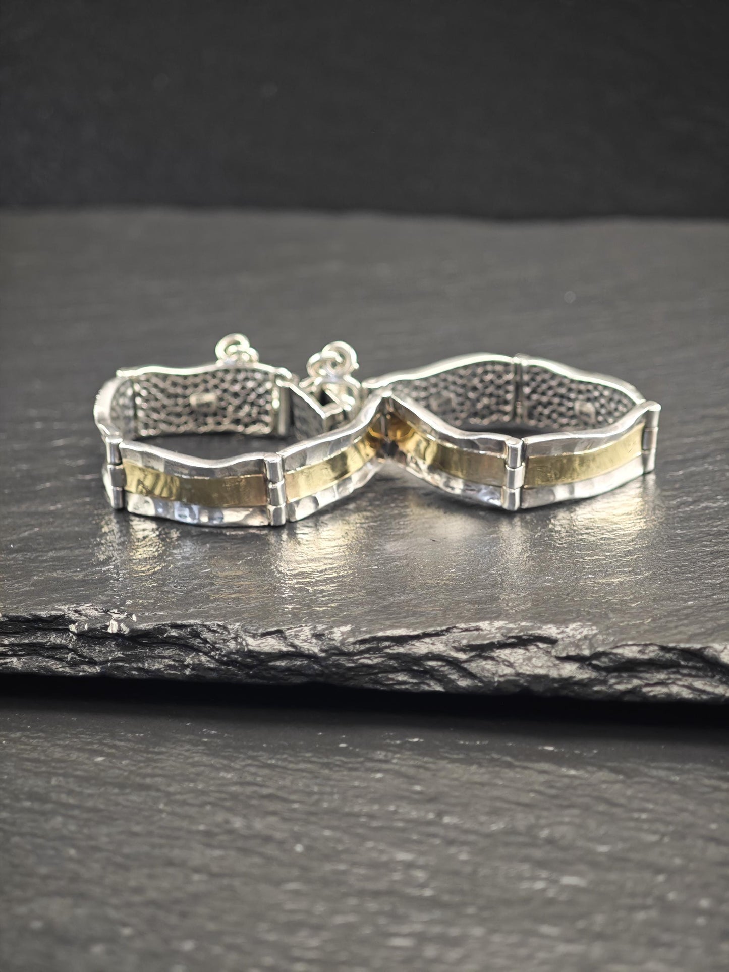 Vintage Two Tone Hammered Bracelet 14k Gold Sterling Silver