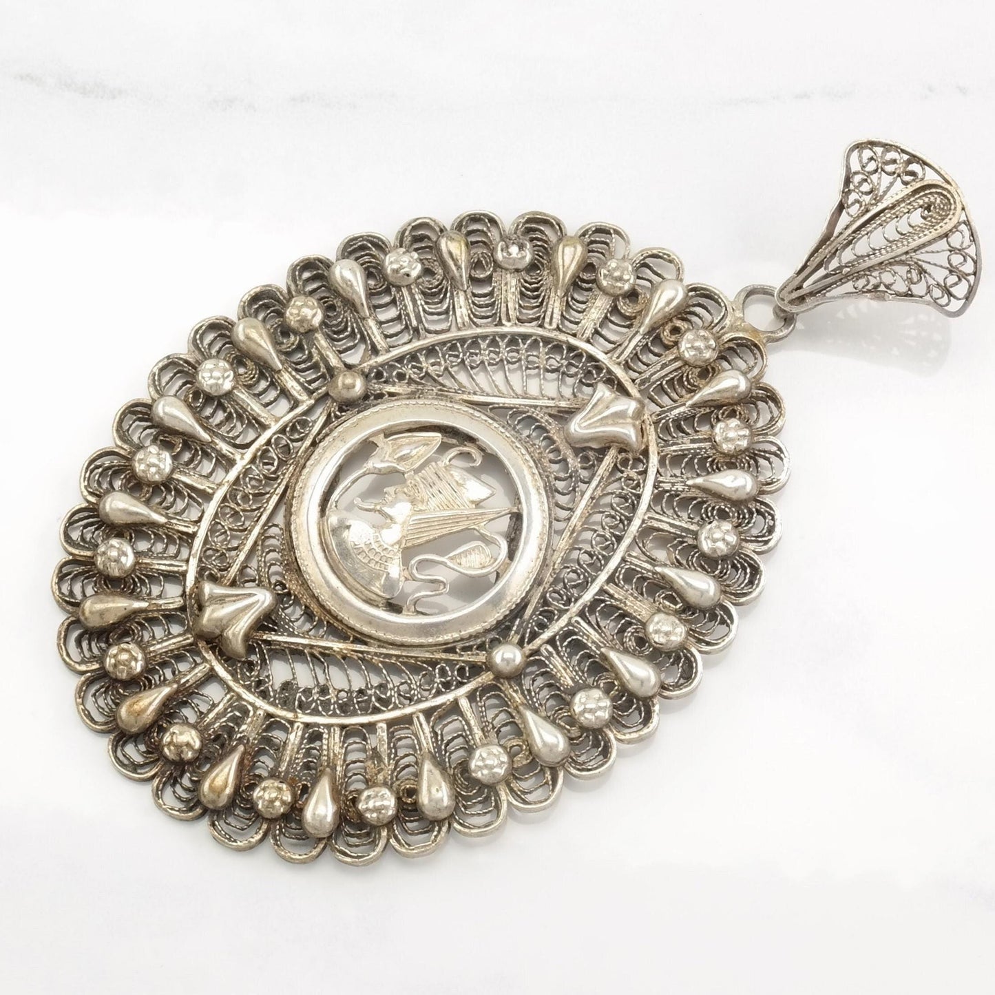 Vintage Archeological Revival Filigree Egyptian Sterling Silver Pendant