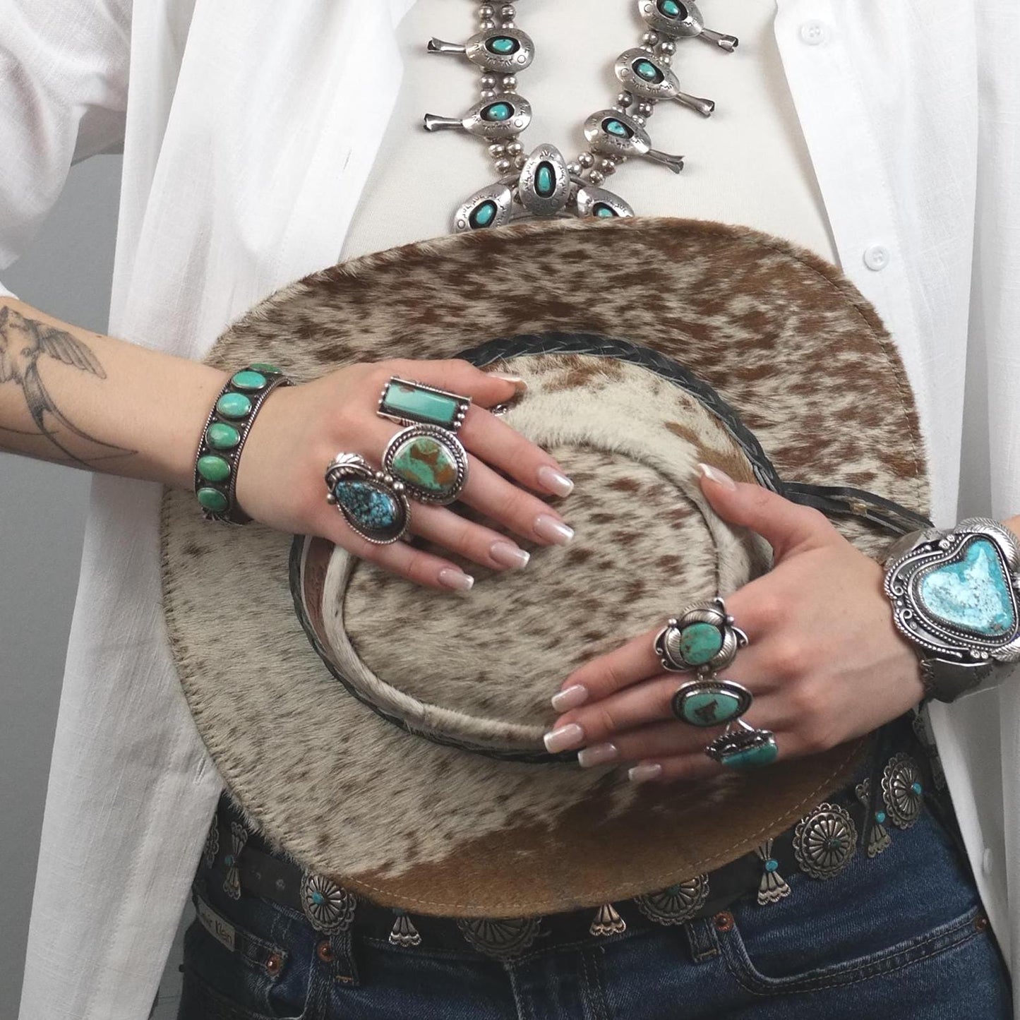 Ingot Silver, Native American Sterling Silver Cuff Bracelet Green, Blue Turquoise 5 Stone