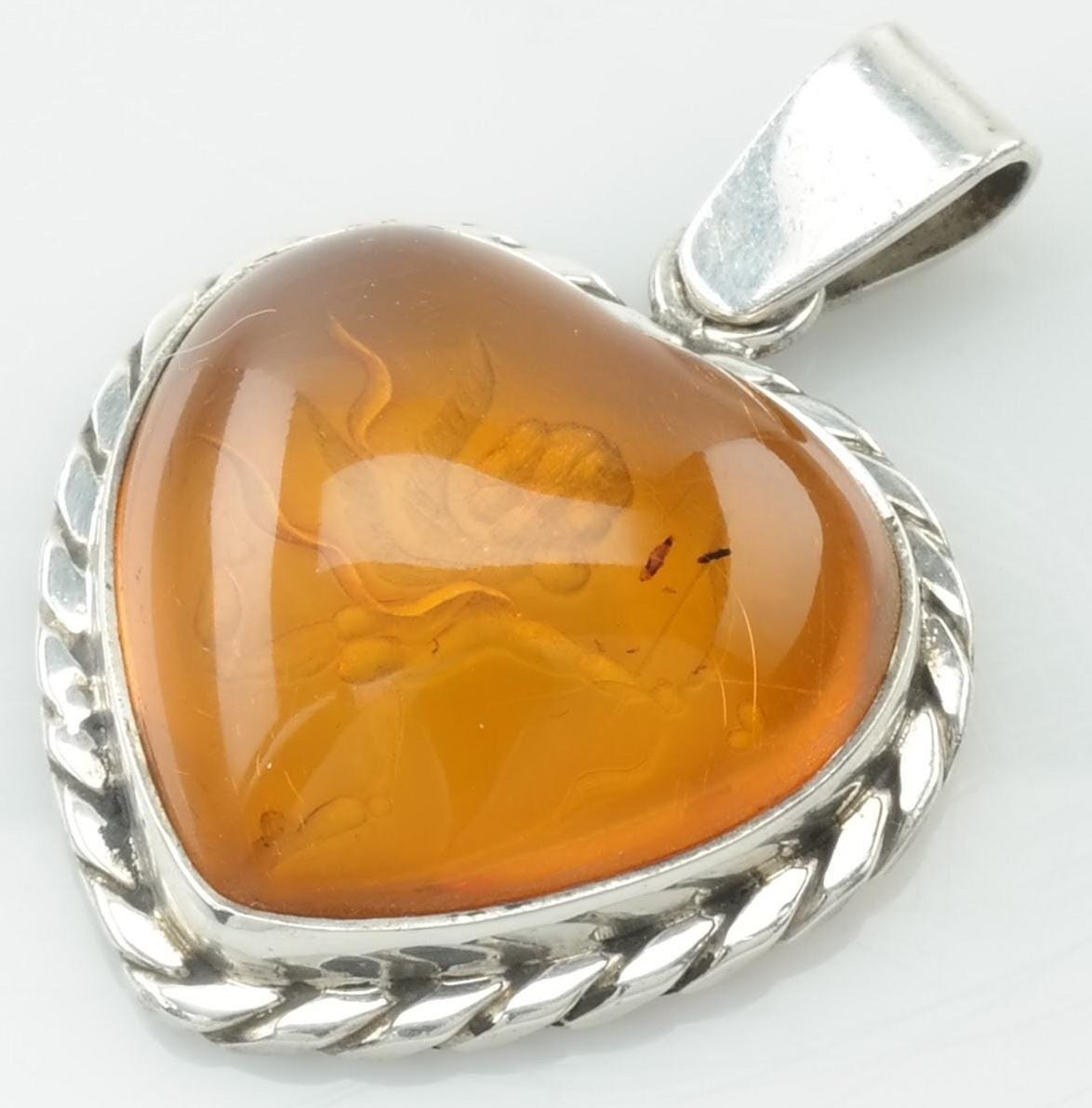 Vintage Amber Heart Intaglio Cupid Sterling Silver Pendant Orange
