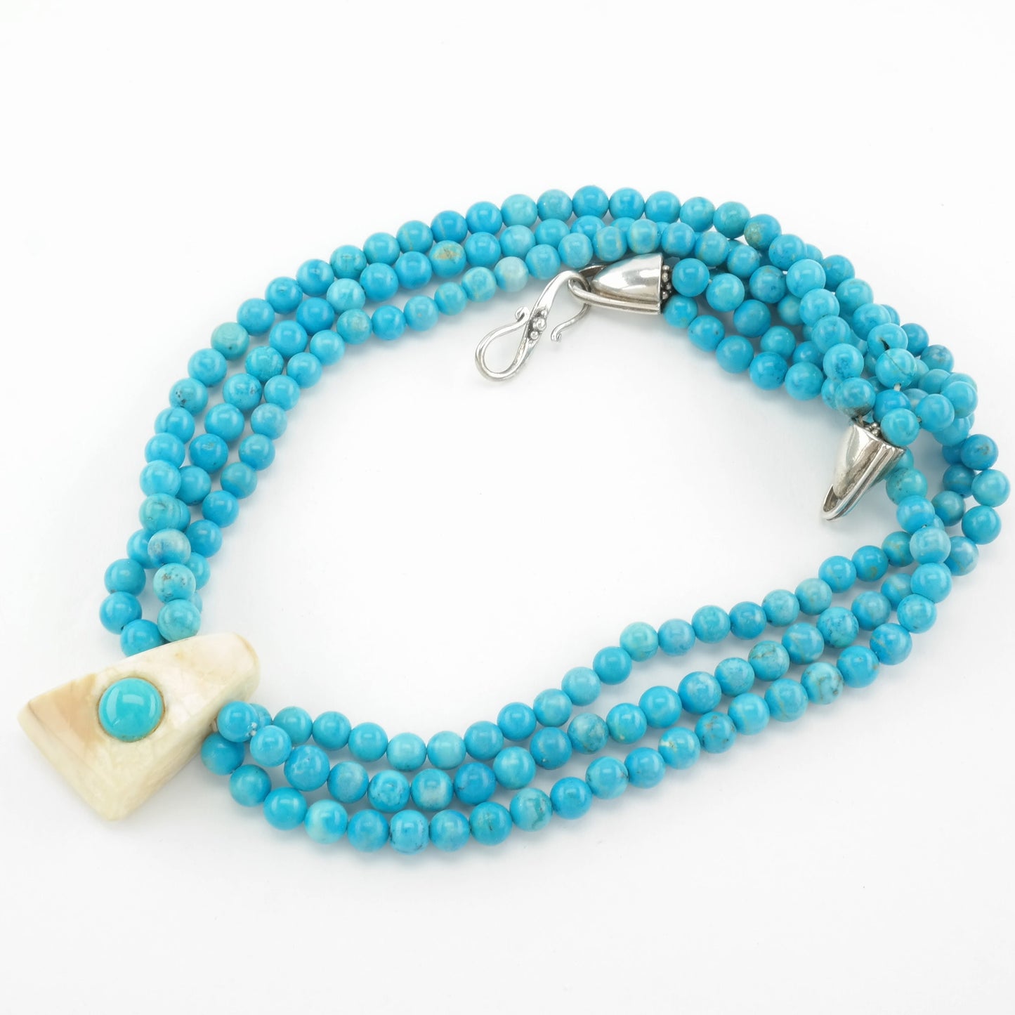 Vintage Blue Dyed Magnesite Bead, Multi Strand Necklace Sterling Silver