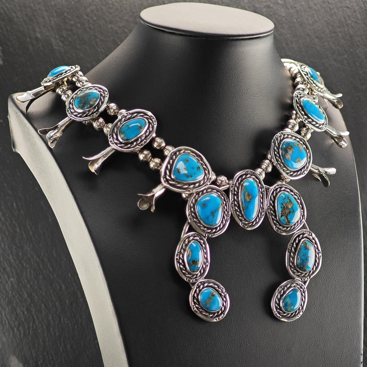 Large Southwest Blue Turquoise Squash Blossom Necklace and Earring Set in Sterling Silver