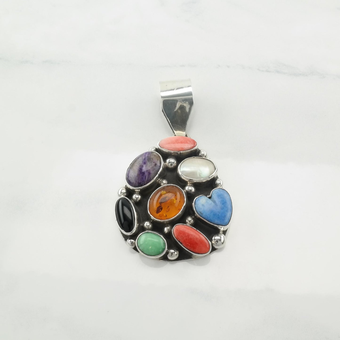 Vintage Silver Pendant Amber, Pearl, Onyx Multi Gem, Teardrop Sterling