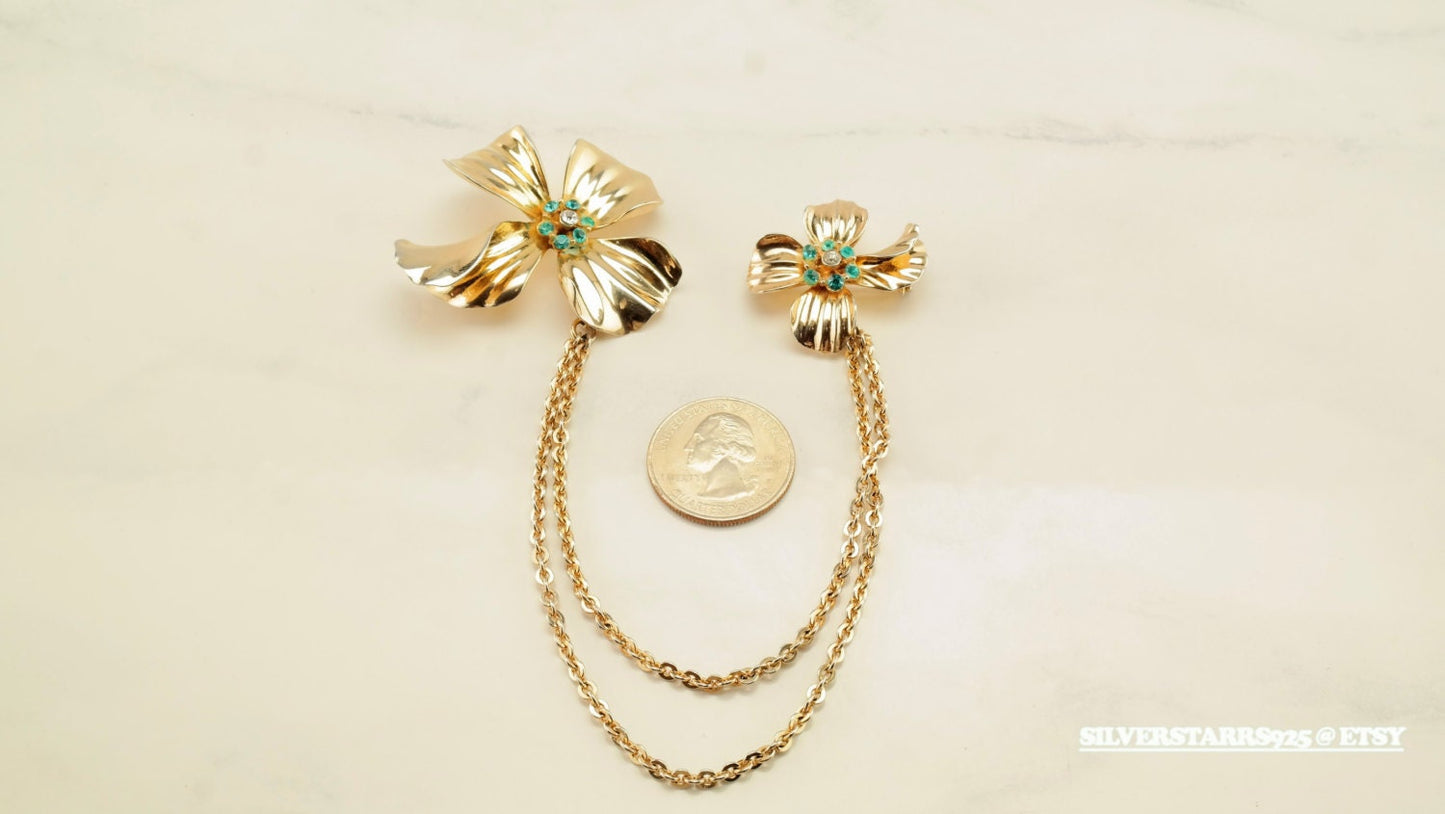 Sterling Silver Gold Plated Blue CZ Flowers Brooch