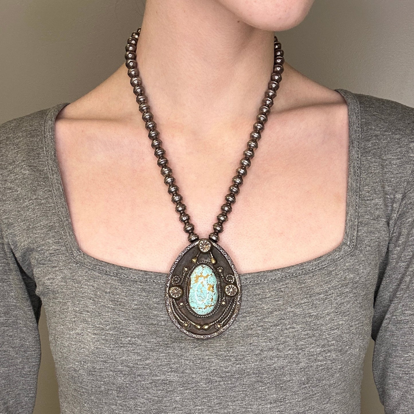 Native American Sterling Silver Blue Number Eight Turquoise Floral Beaded Necklace