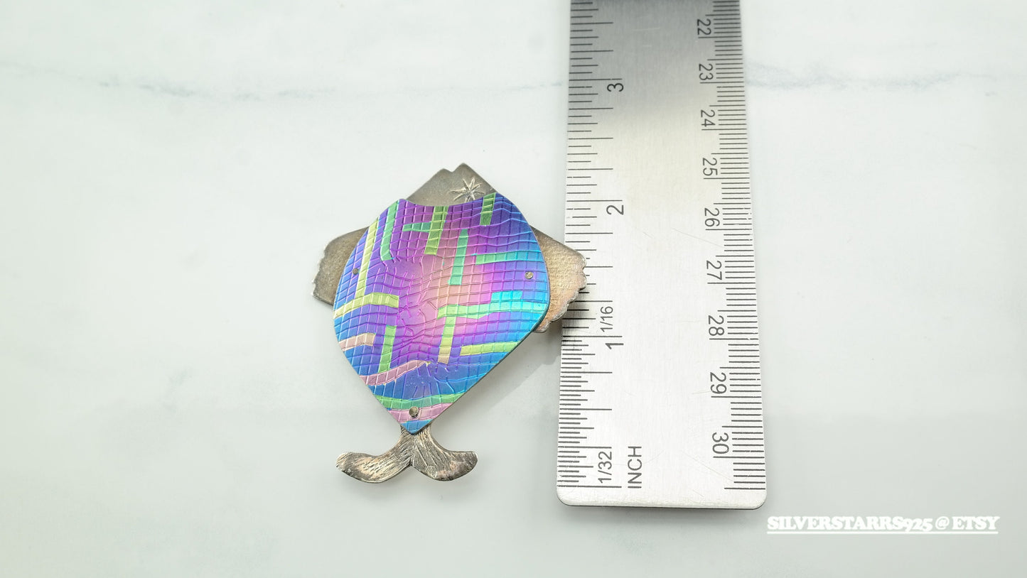 Vintage Studio Art Brooch, Sterling Silver & Anodized Metal, Fish Design, Signed, Whimsical Jewelry