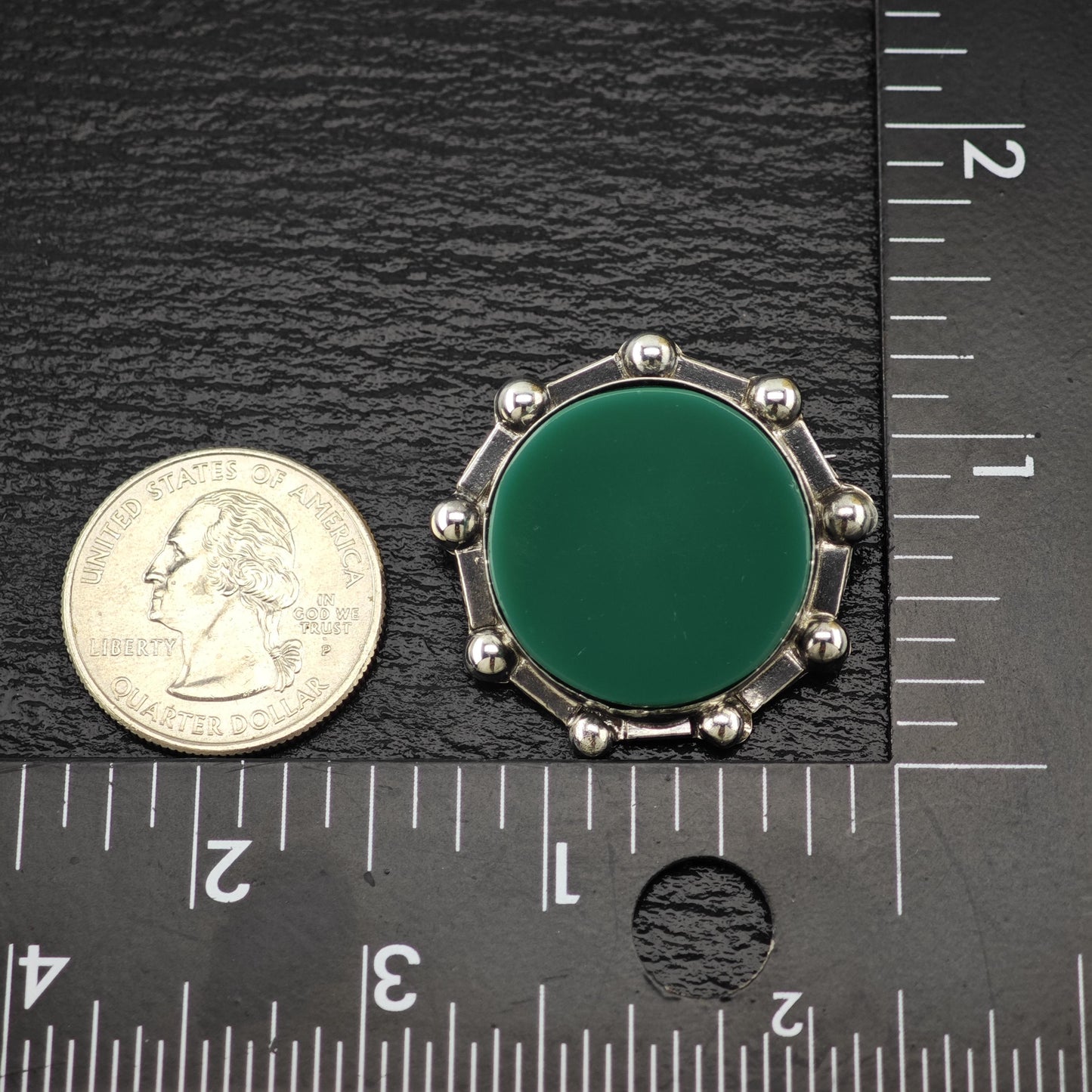 Mexico Sterling Silver Brooch Round Green Onyx