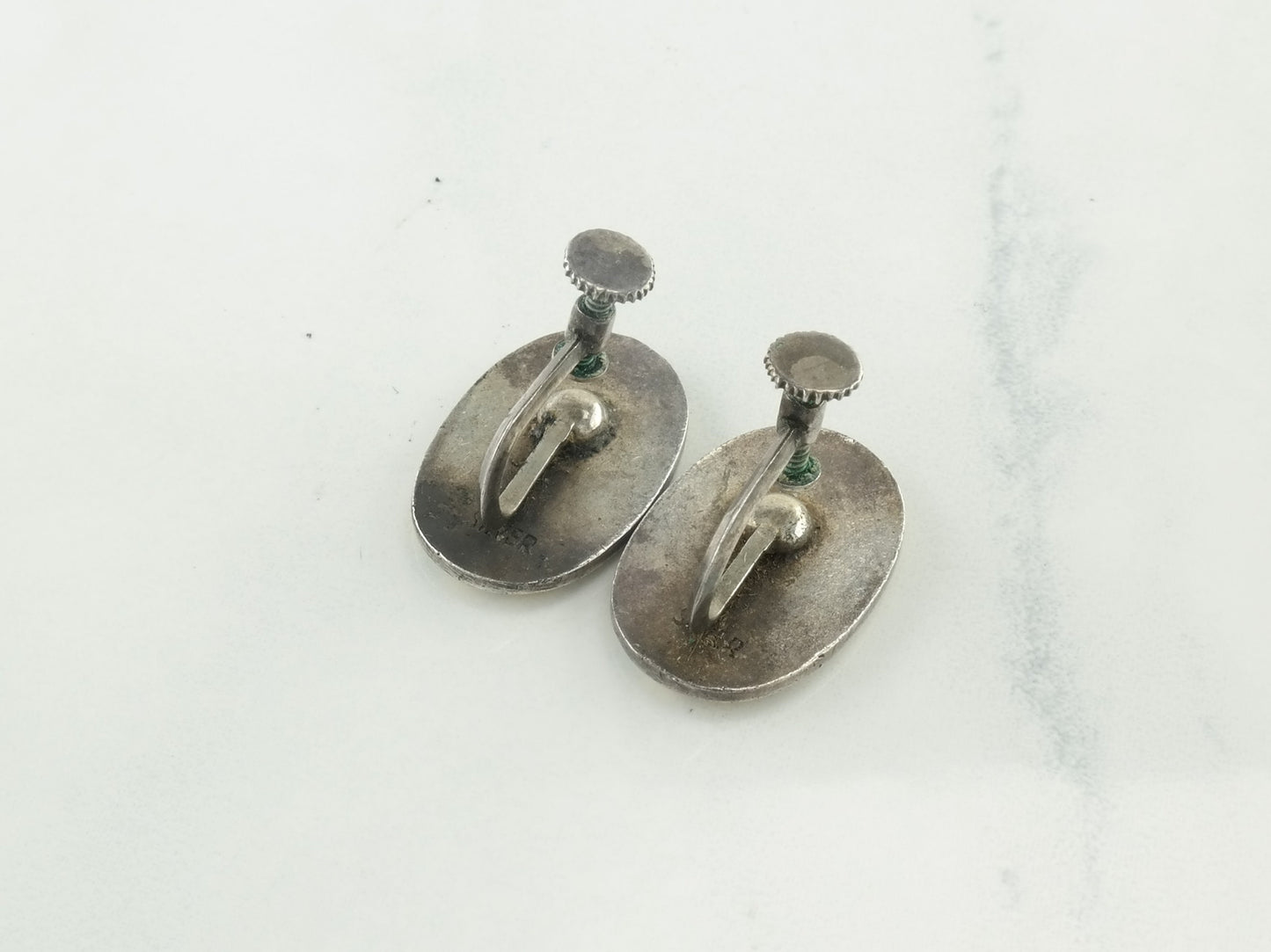 Vintage Enamel Bamboo Leaf Earrings Sterling Silver Screw Back/Clip On