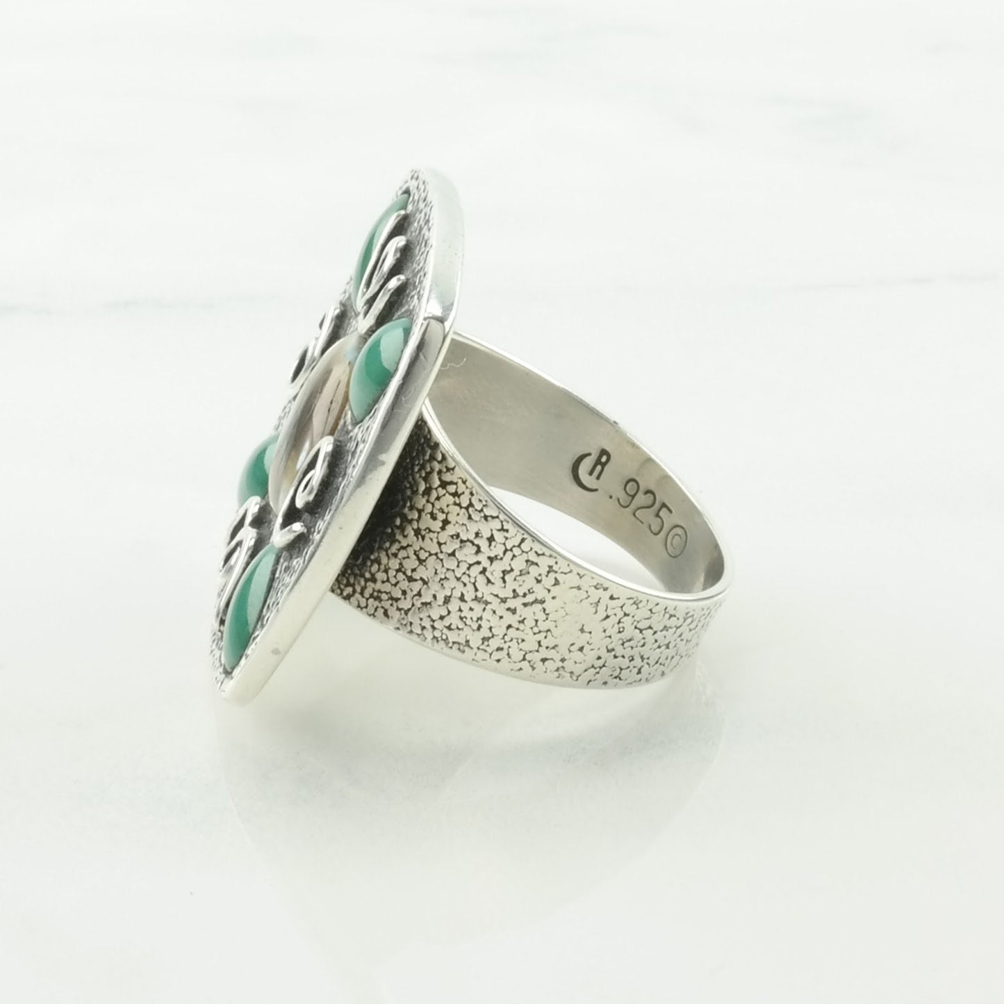 Vintage Carolyn Pollack Silver Ring Abalone, Turquoise Scroll Sterling Green Size 9