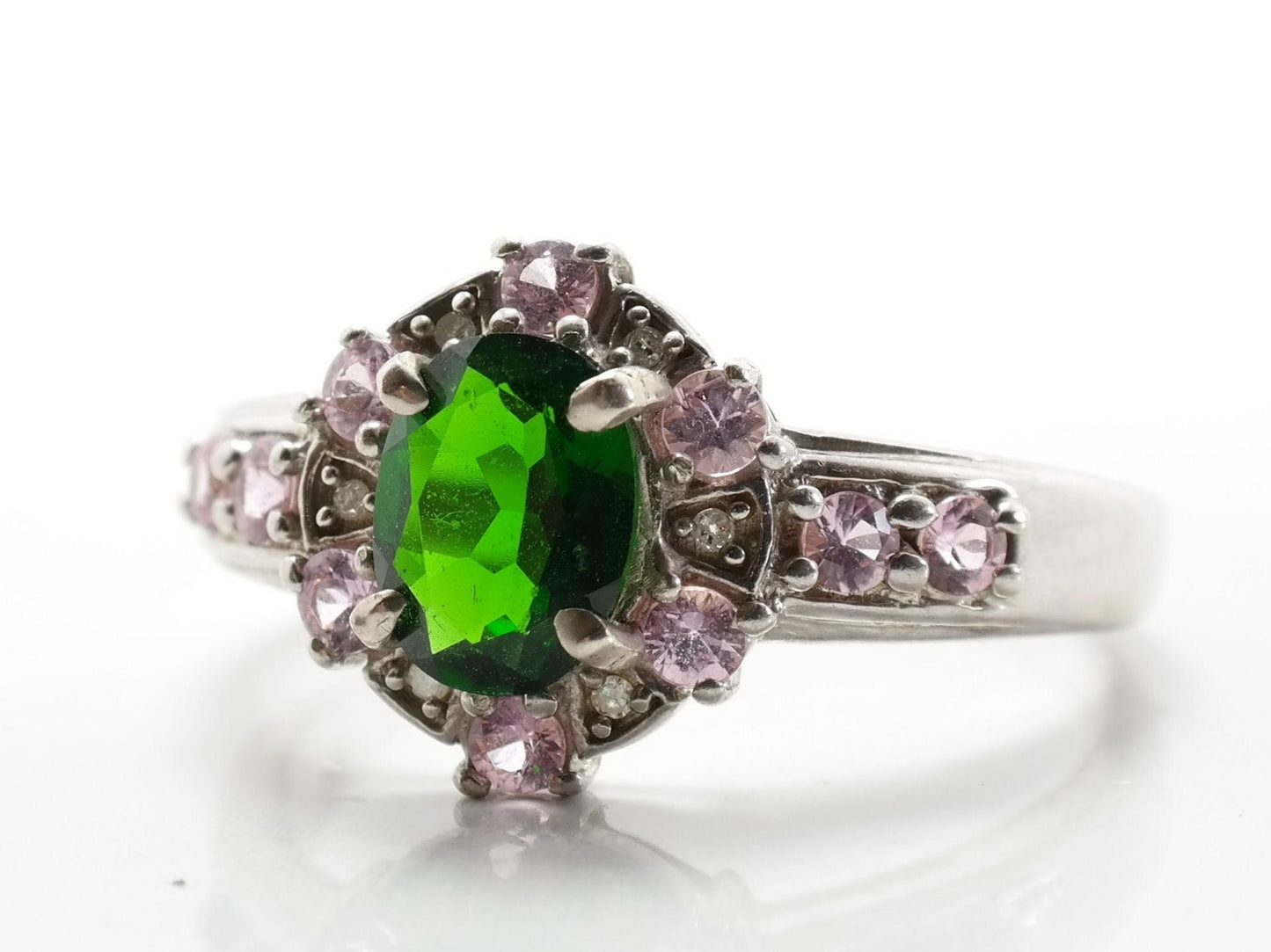 Vintage Sterling Silver Ring Green Chrome Diopside White Topaz Size 10