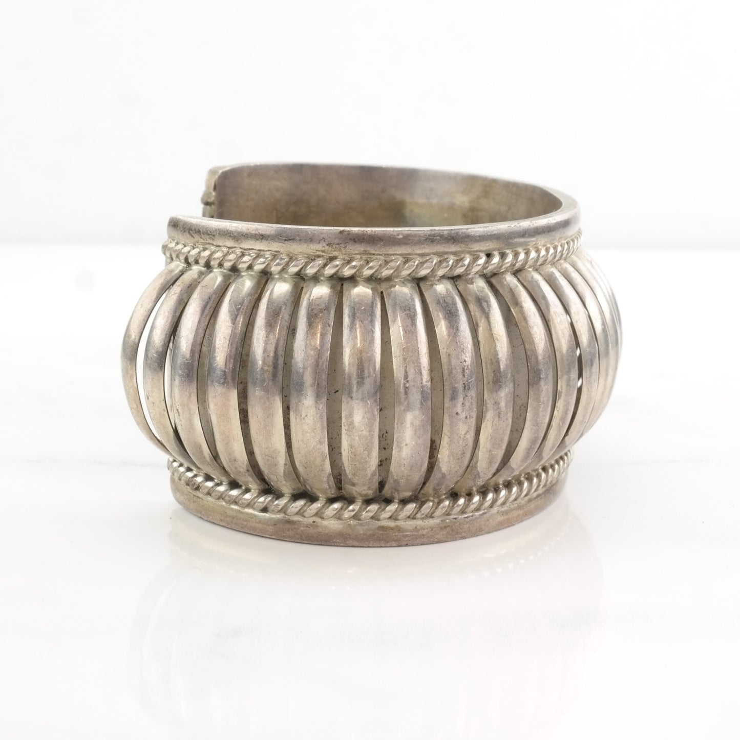 Vintage Sterling Silver Scalloped Cuff Bracelet, Size 7 1/4, 1980s, Signed Native American, Statement Jewelry