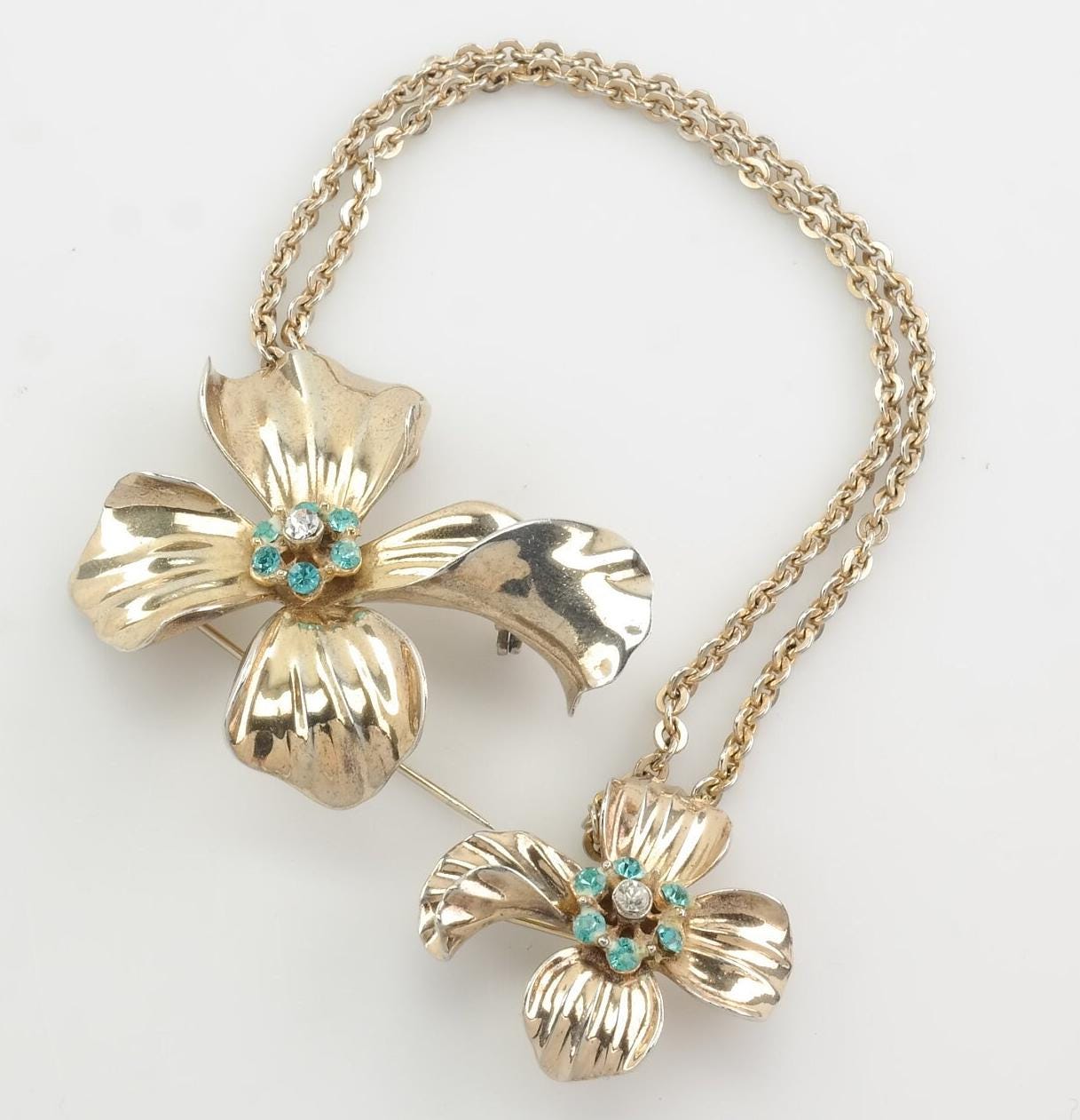 Sterling Silver Gold Plated Blue CZ Flowers Brooch