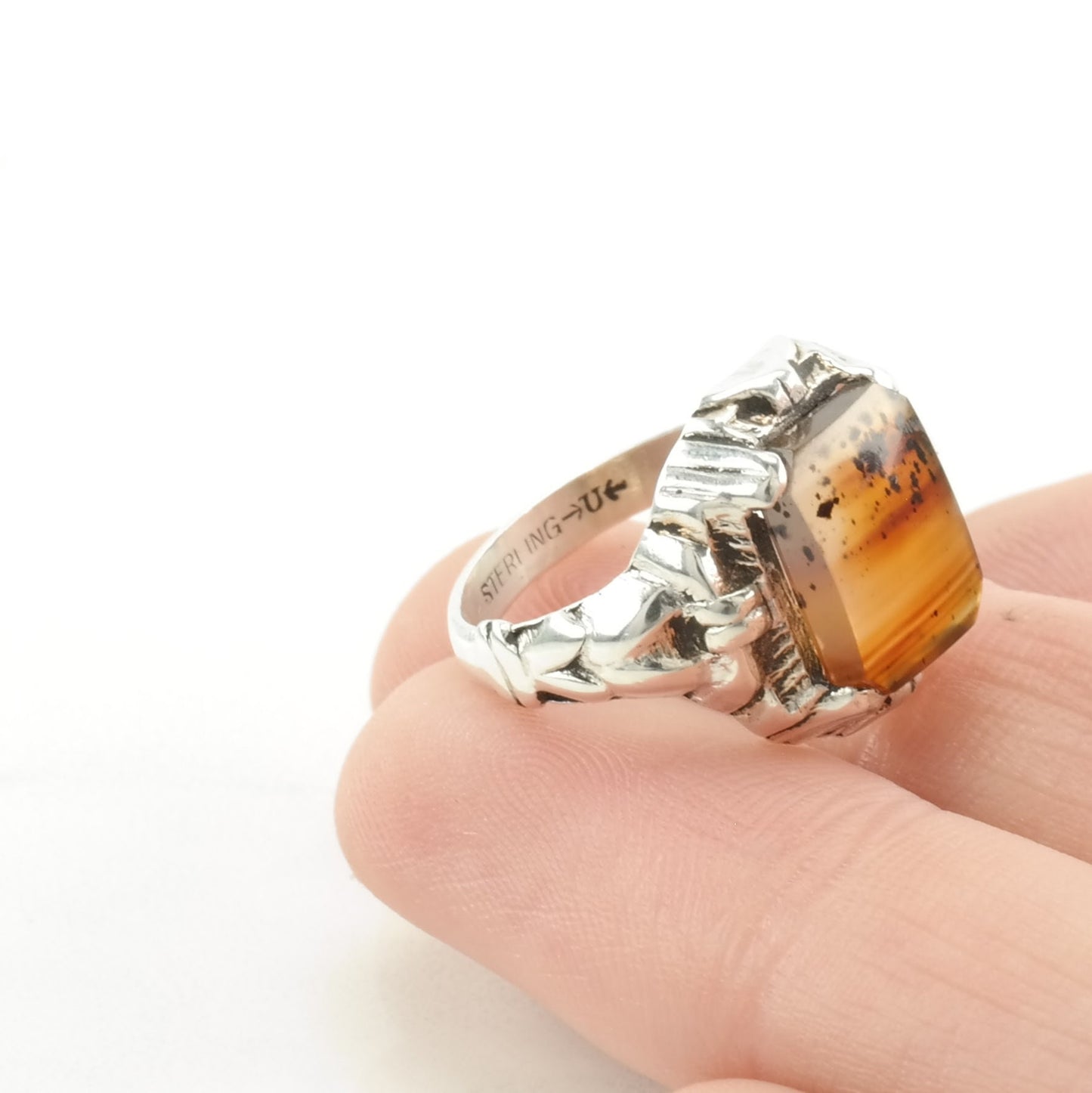 Sterling Silver Ring Dendritic Agate Orange Sz4 1/2 R4643