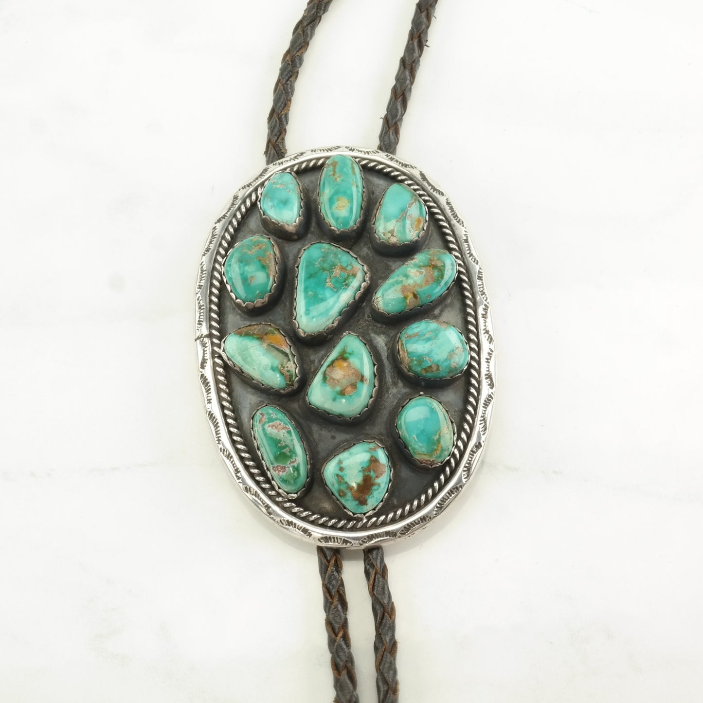 Vintage Green Turquoise Bolo Tie Sterling Silver Cluster Necklace