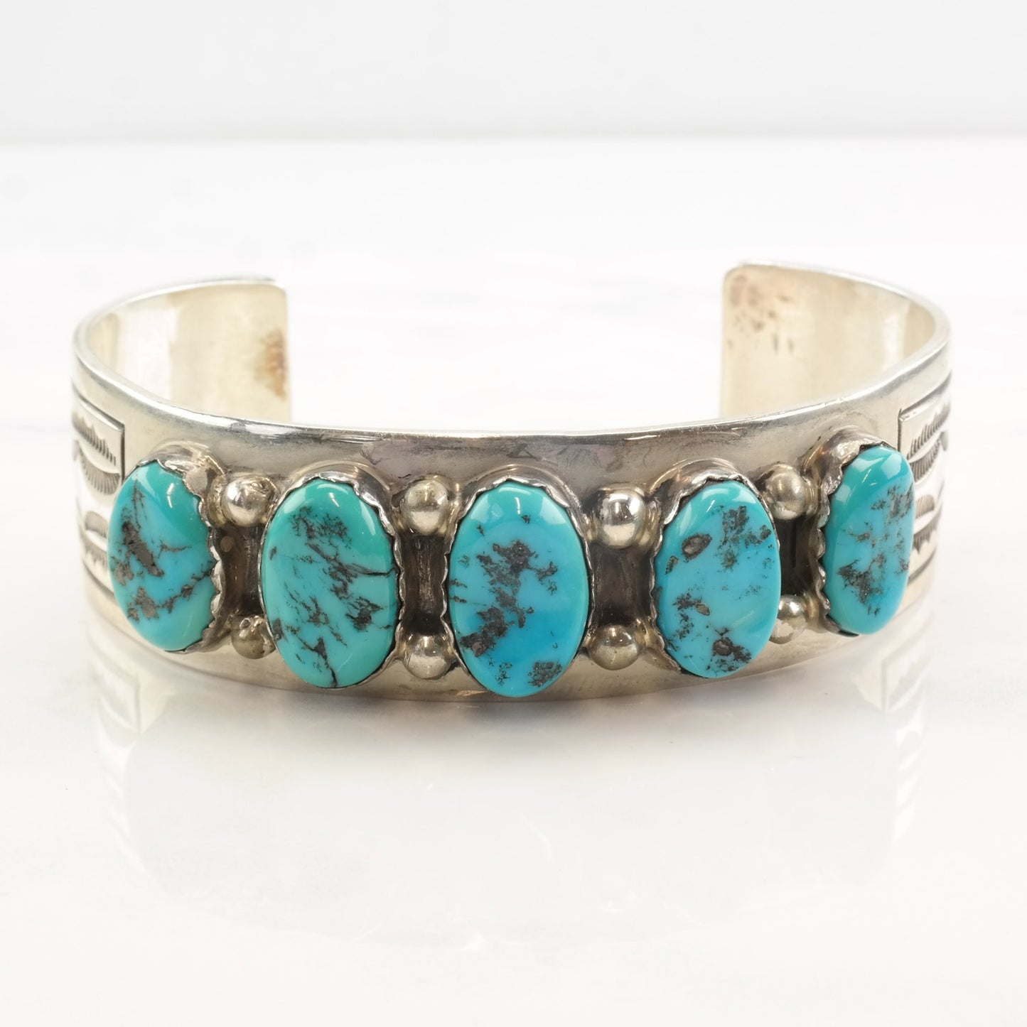 Native American Turquoise Cuff Bracelet Sterling Silver Cluster Row