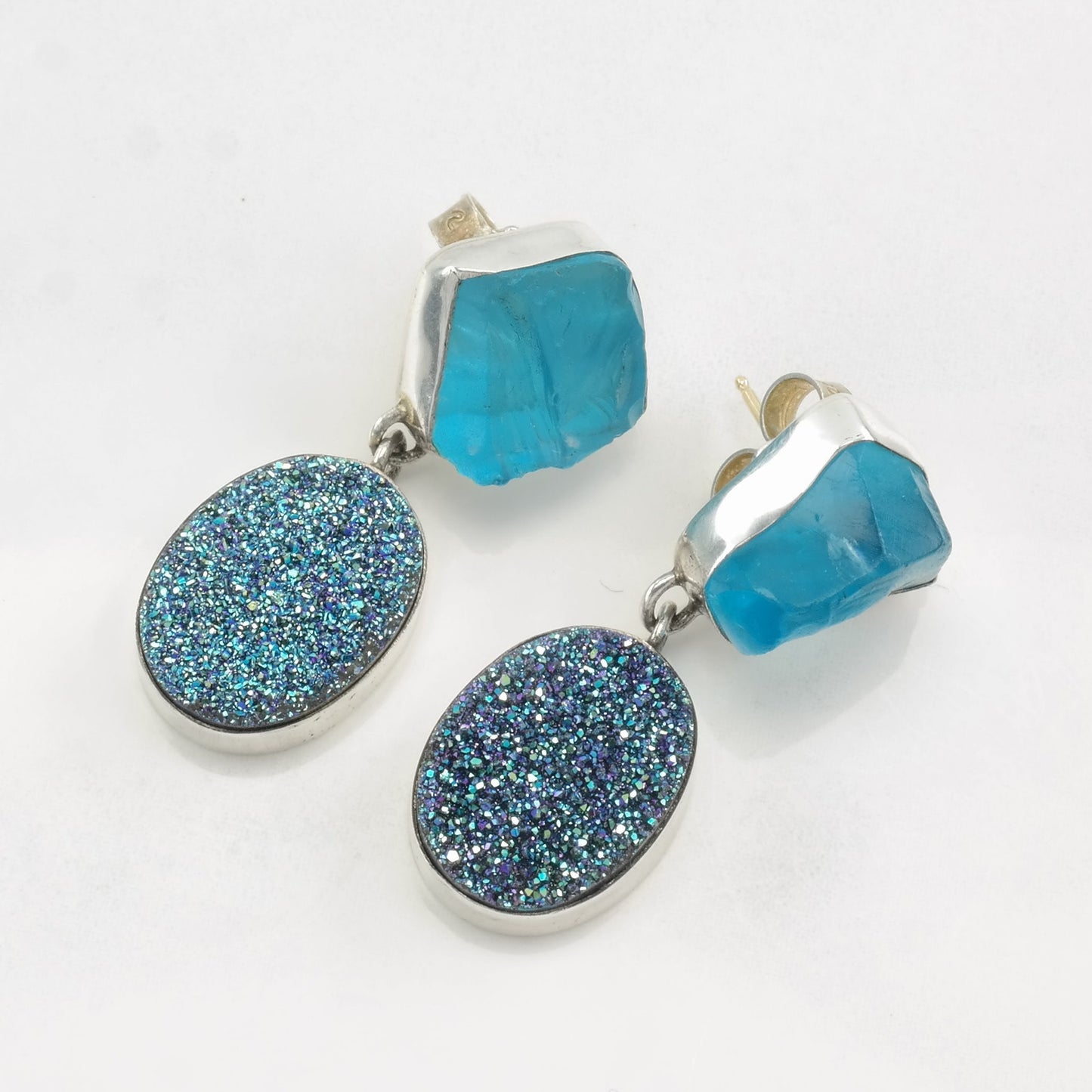 Sterling Silver Blue Stone, Druzy 14k Gold Post Earrings Stud, Dangle