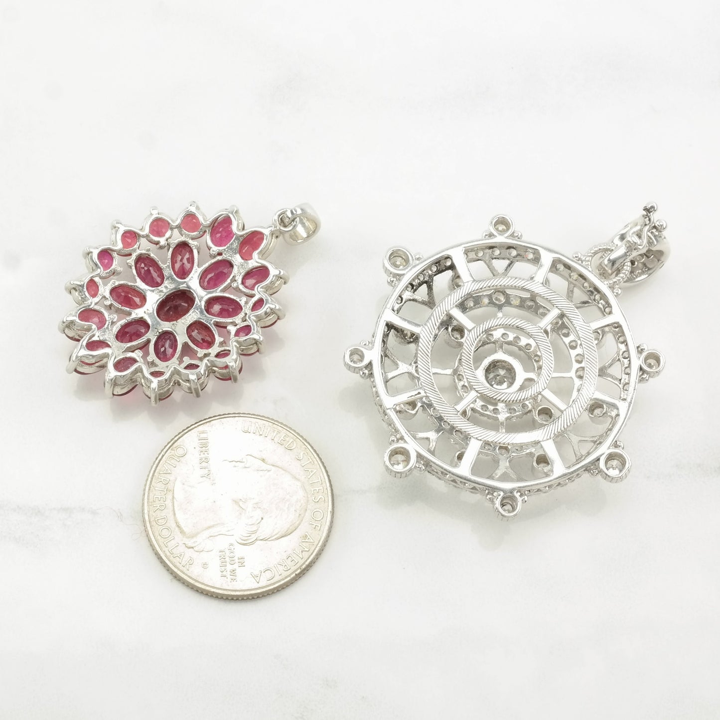Vintage Ruby, CZ Cluster Sterling Silver Pendant