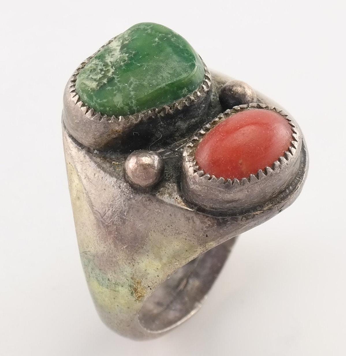 Sterling Silver Ring Cerillos Turquoise Coral Size 6.5