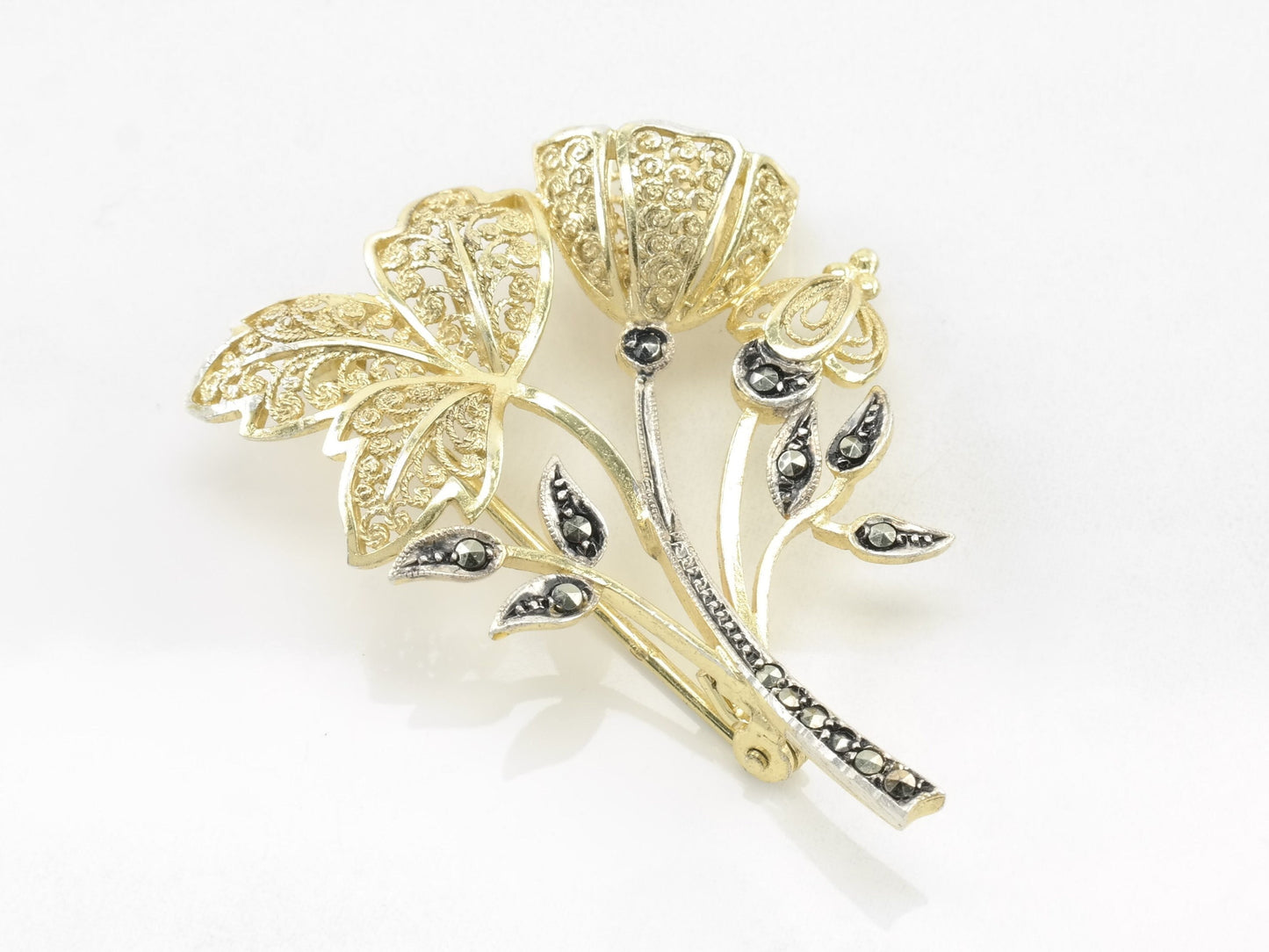 Sterling Silver Vintage Flower Brooch Marcasite Gold Hue
