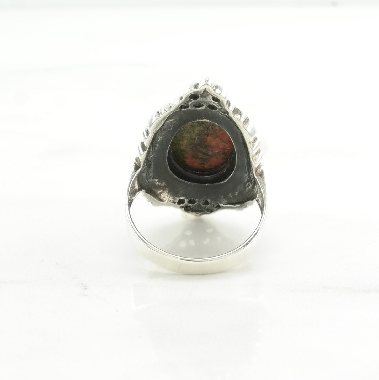 Sterling Silver Ring Scarab Carved Stone Red, Green Sz7 1/4 R4798