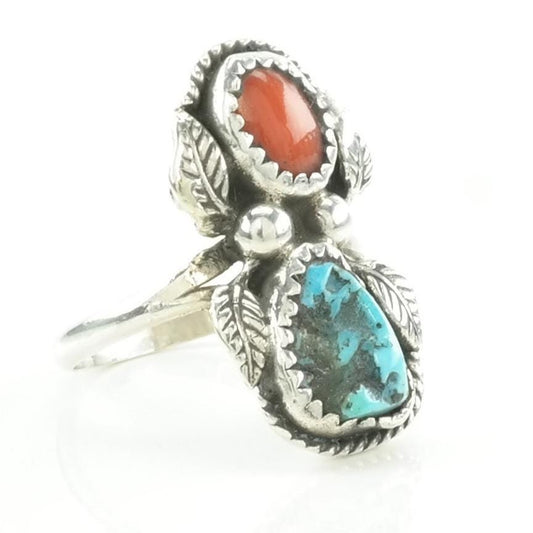 Vintage Native American Silver Ring Turquoise, Coral Leaf Sterling Blue, Red Size 6 3/4