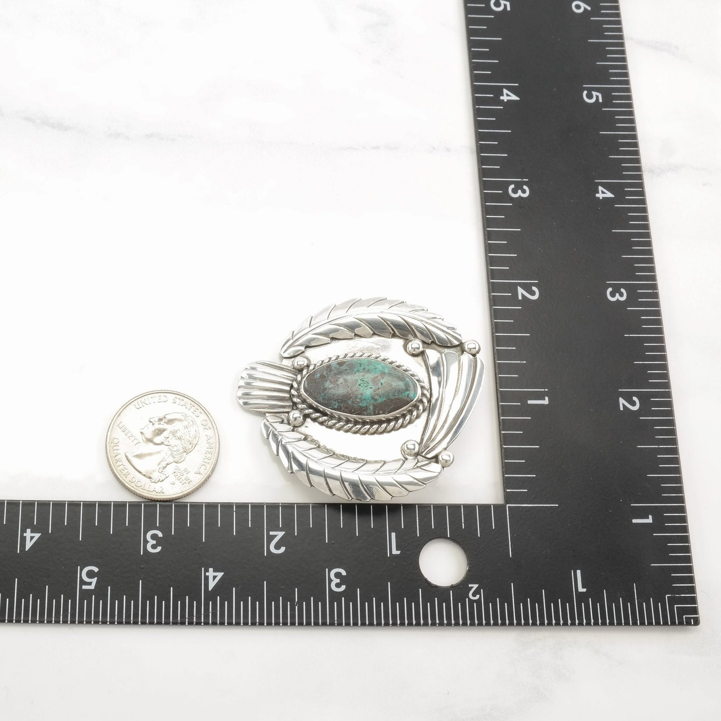 Native American Sterling Silver Brooch Feather Turquoise