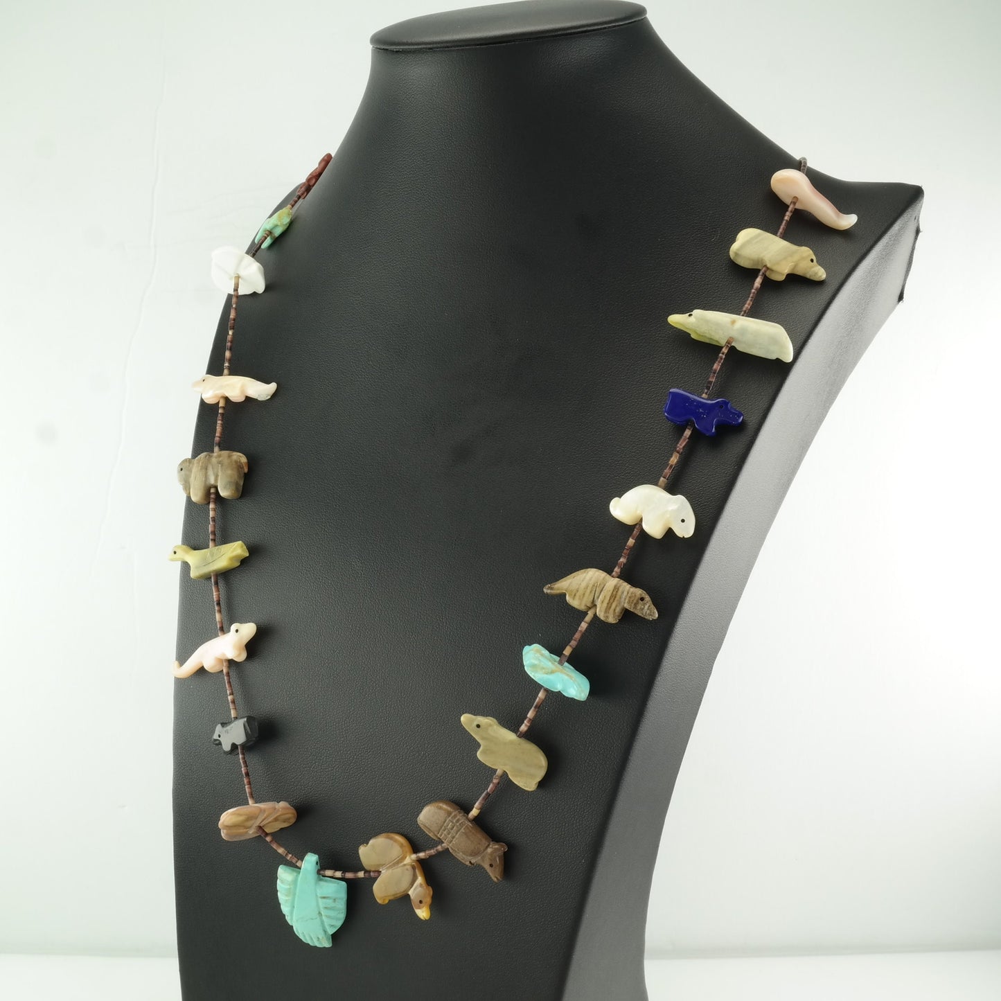 Vintage Southwest Sterling Silver Turquoise, MOP, Lapis Lazuli Animal, Heishi Necklace