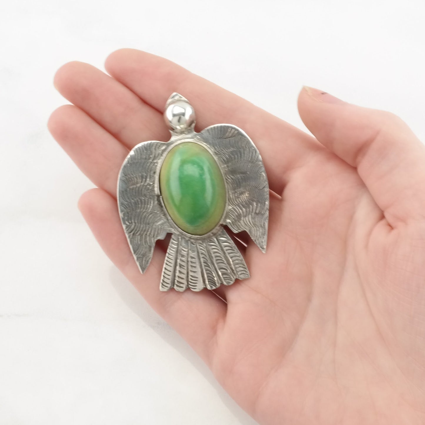 Mexico Sterling Silver Brooch Bird Green Guatemalan Jade B1942