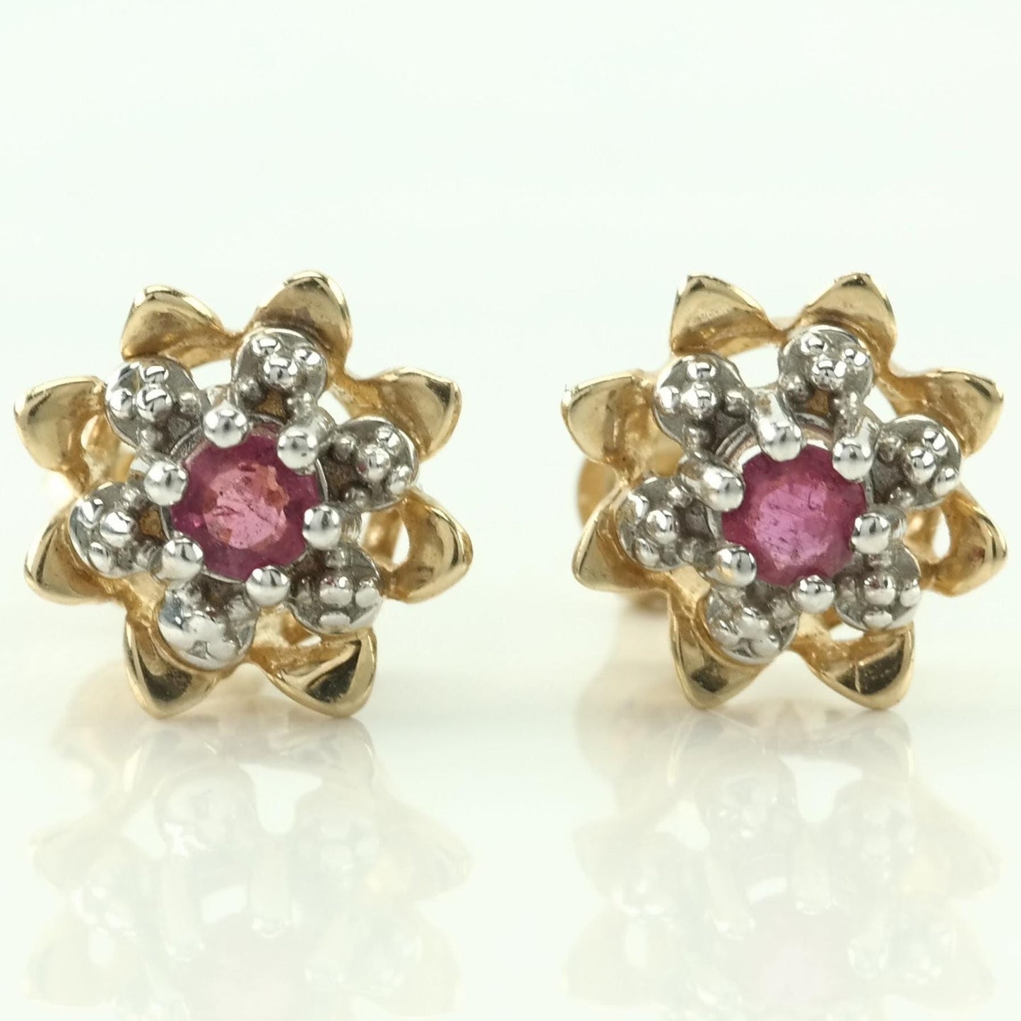 Vintage 14k Gold Stud Earrings Pink Ruby Floral