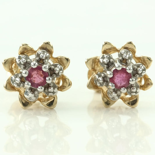 Vintage 14k Gold Stud Earrings Pink Ruby Floral