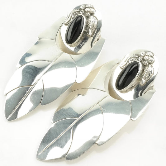 Vintage Sterling Silver Stud, dangle Earrings Large Black Onyx Feather, Floral