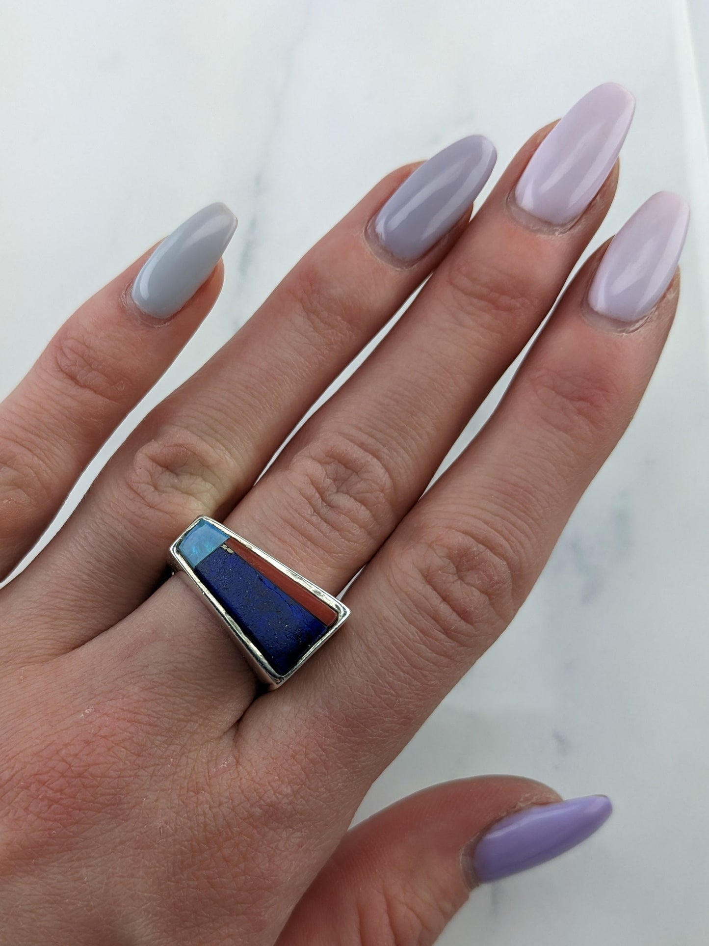 Vintage Native American Silver Ring Lapis Coral Opal Inlay Sterling Multicolor Size 8 1/4