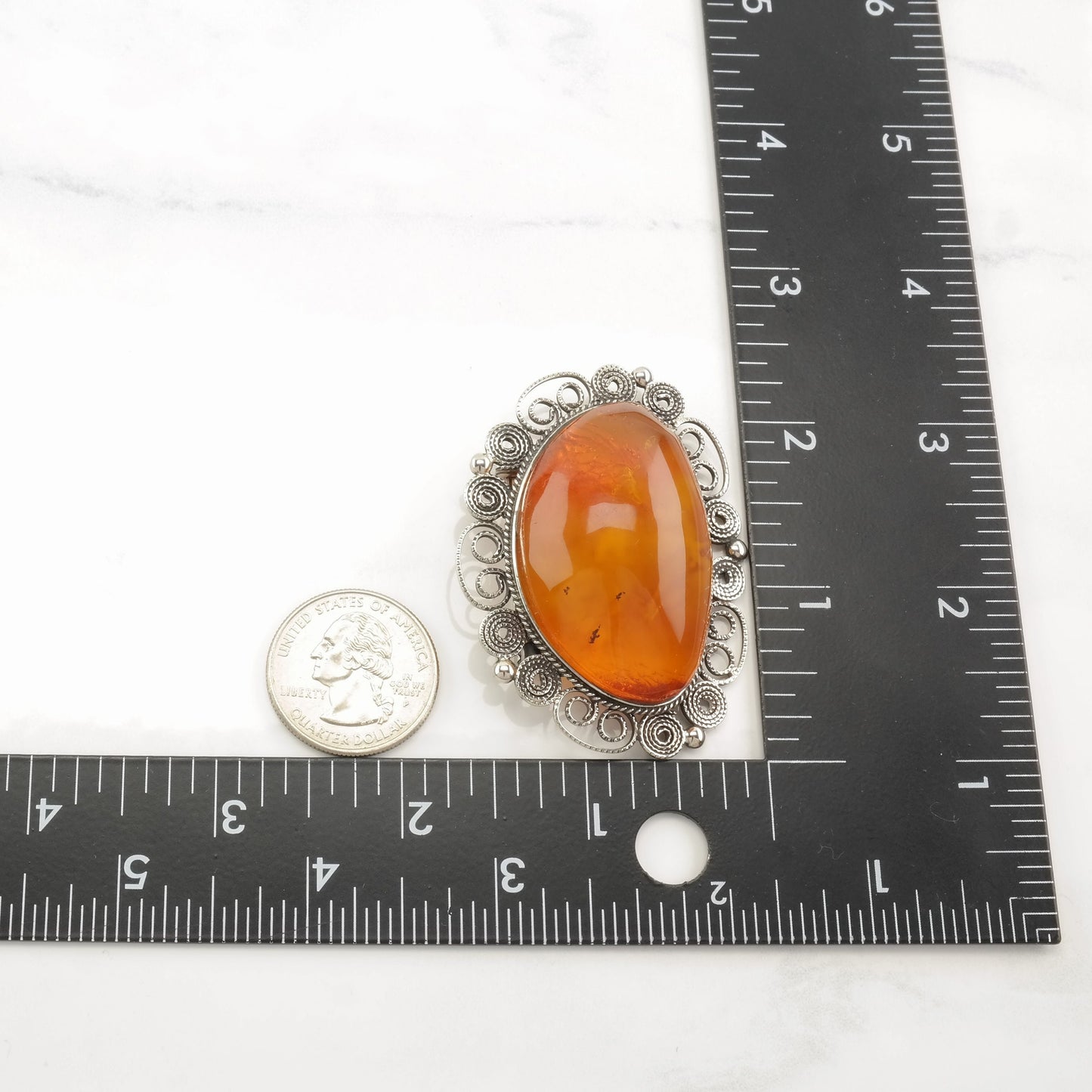 Boho Sterling Silver Brooch Filigree Baltic Amber B1649